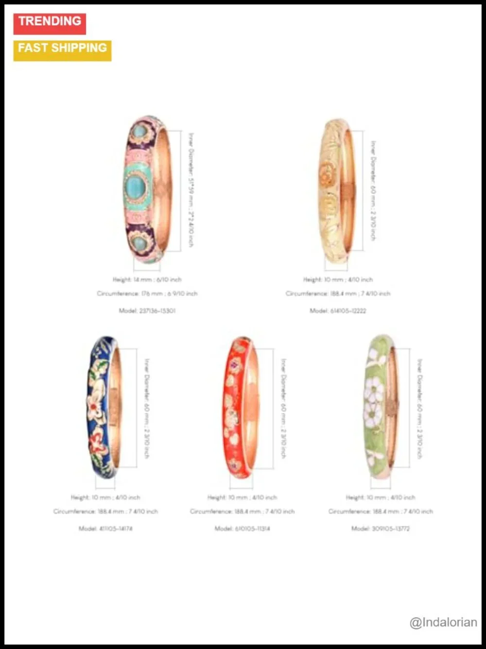 Set of 10 Cloisonne Enamel Bangle Bracelets Flower Engraved Alloy Gift Boxed